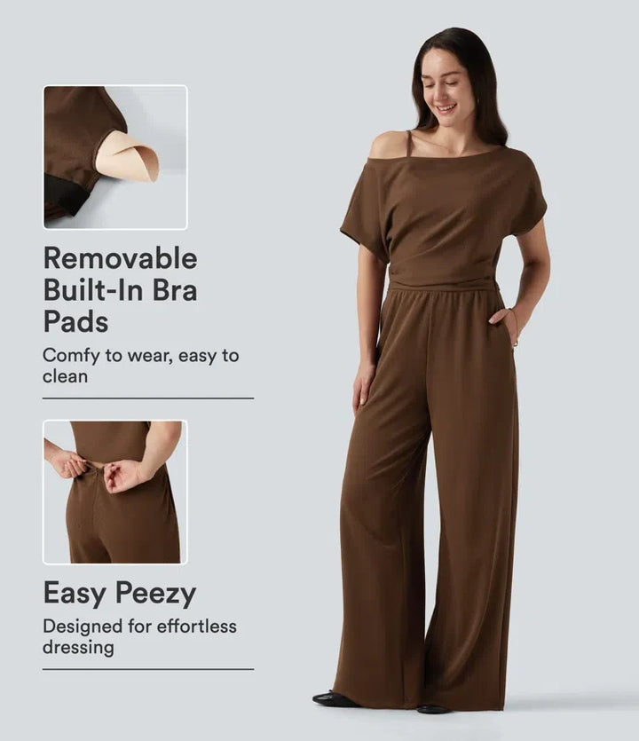 Enaxlad kortärmad asymmetrisk vardaglig jumpsuit med inbyggd BH och fickor -Easy Peezy Edition