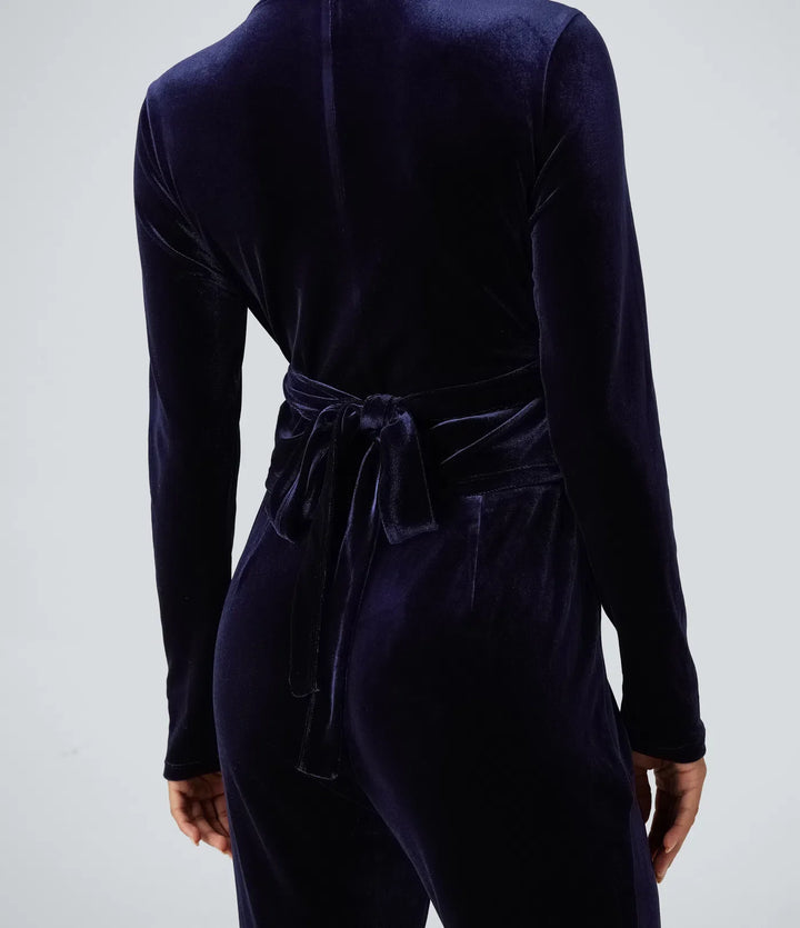 Djup V-ringning långärmad vriden knytning i ryggen sammet fest jumpsuit med fickor-Easy Peezy