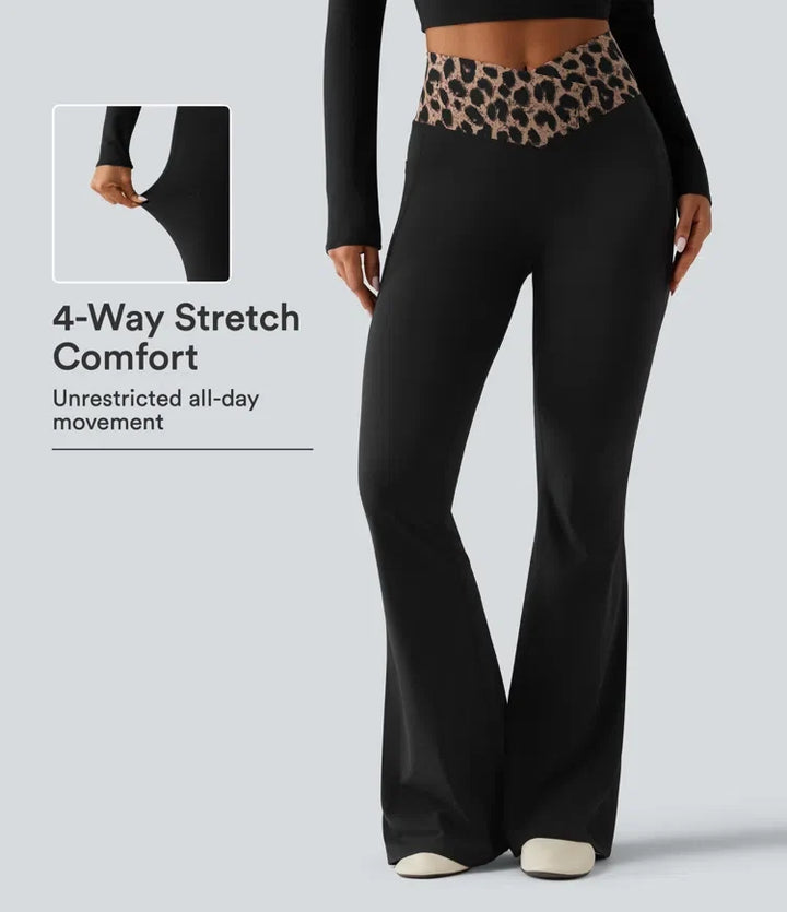 Lyckera UltraSculpt leopardmönster högmidjad crossover InstantCool vardaglig utsvängda byxor med fickor