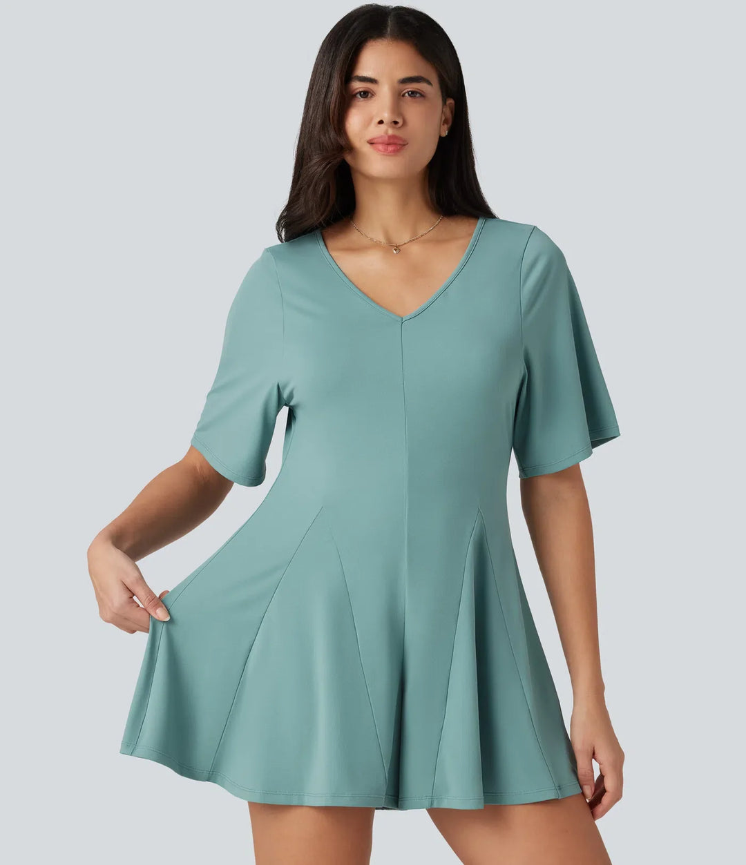 V-ringad kortärmad nyckelhålsrygg vardaglig playsuit