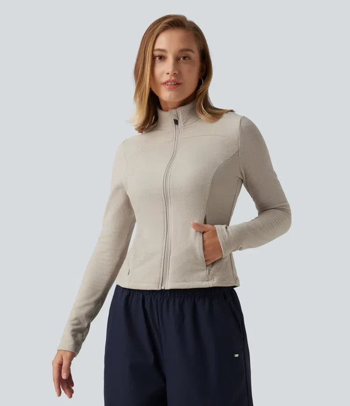 Ståkrage långärmad fleece vardaglig jacka med fickor