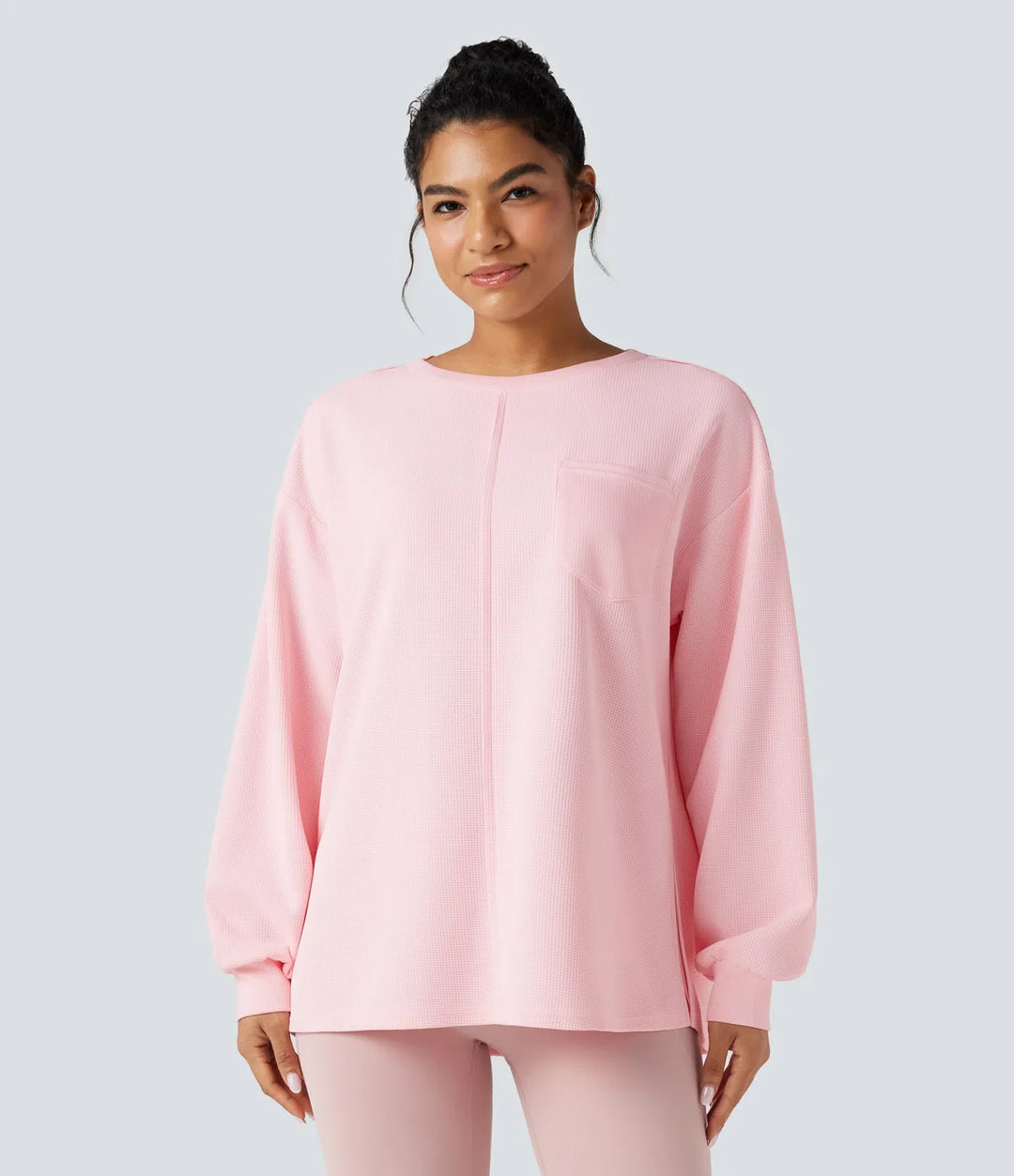 Rund hals långärmad slits fåll våffelstruktur oversized vardaglig sweatshirt med fickor