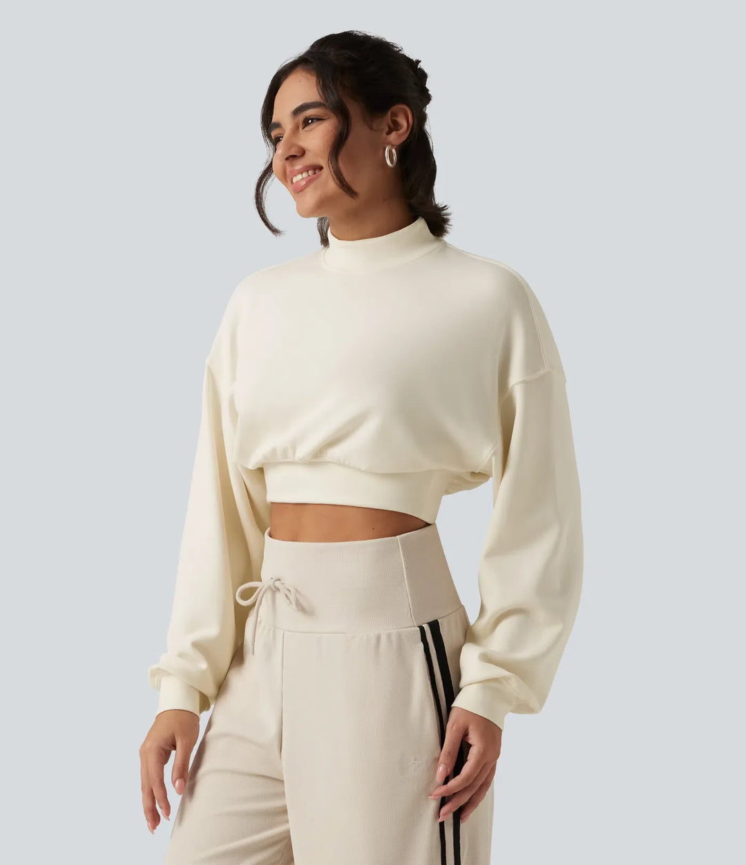 Halvpolo nedhasad långärmad vardaglig croppad sweatshirt