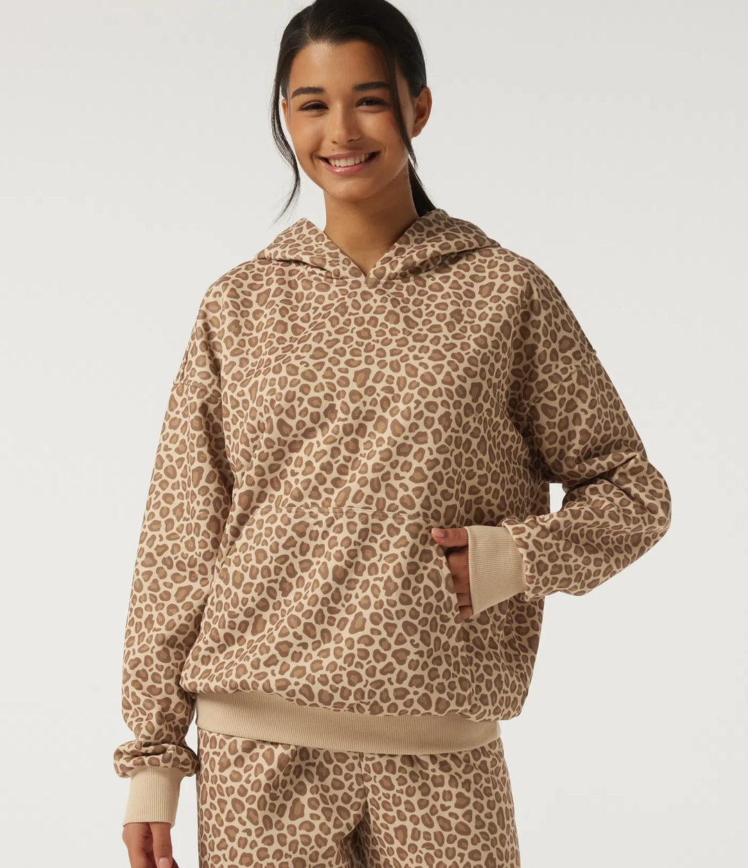 Med huva långärmad leopardmönster vardaglig sweatshirt med ficka