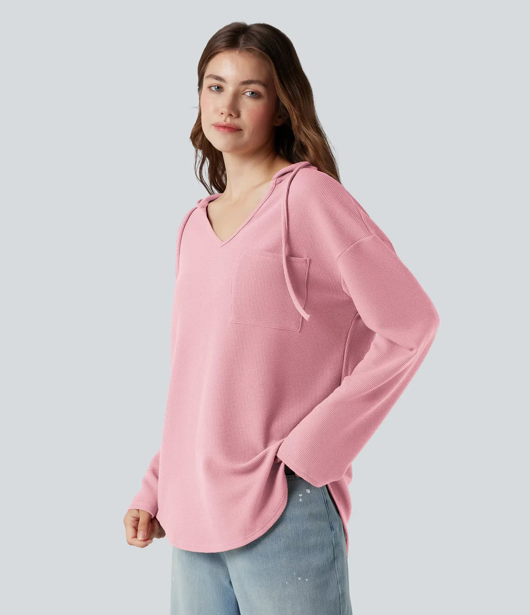 Med huva dragsko långärmad rundad fåll våffelstruktur vardaglig sweatshirt med ficka