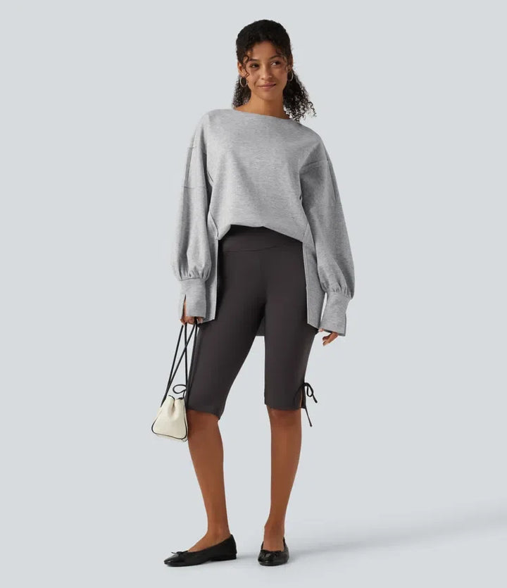 Rund hals nedhasad långärmad slits fåll vardaglig sweatshirt