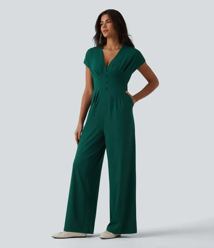 V-ringning kortärmad vida ben jumpsuit för vardag med fickor – Easy Peezy-utgåva