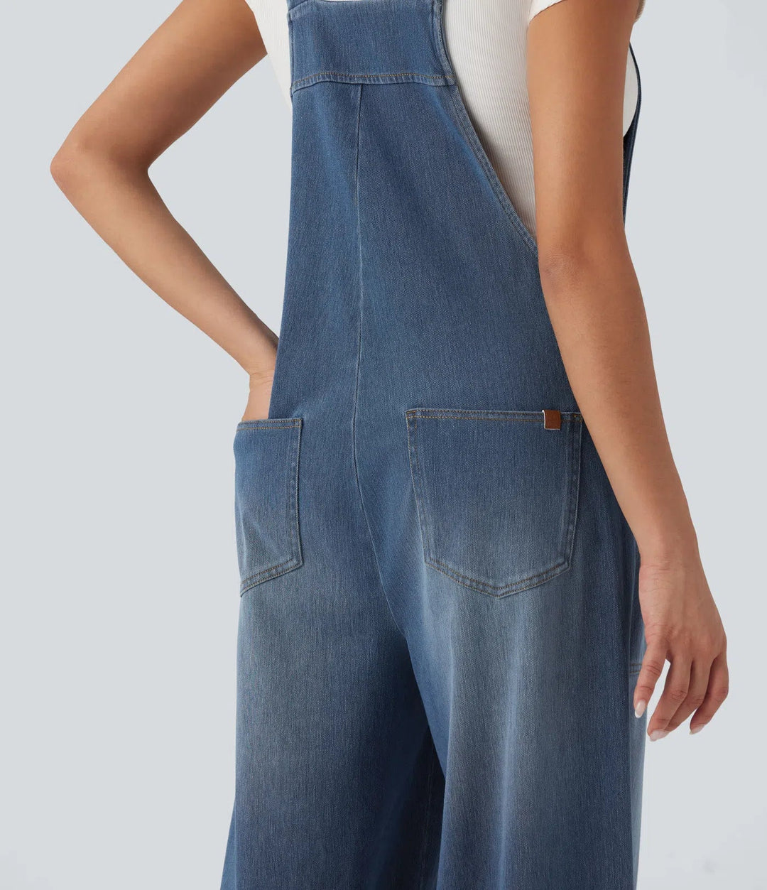 Halara Flex fyrkantig halsringning tvättad denim hängselbyxor för vardag med fickor