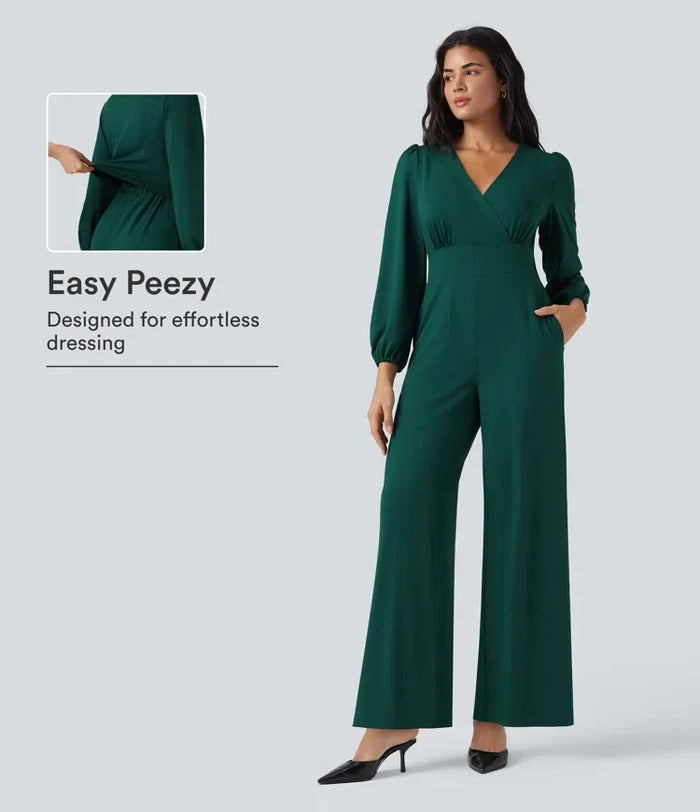 V-ringad långärmad vida ben arbetsjumpsuit med fickor-Easy Peezy Edition