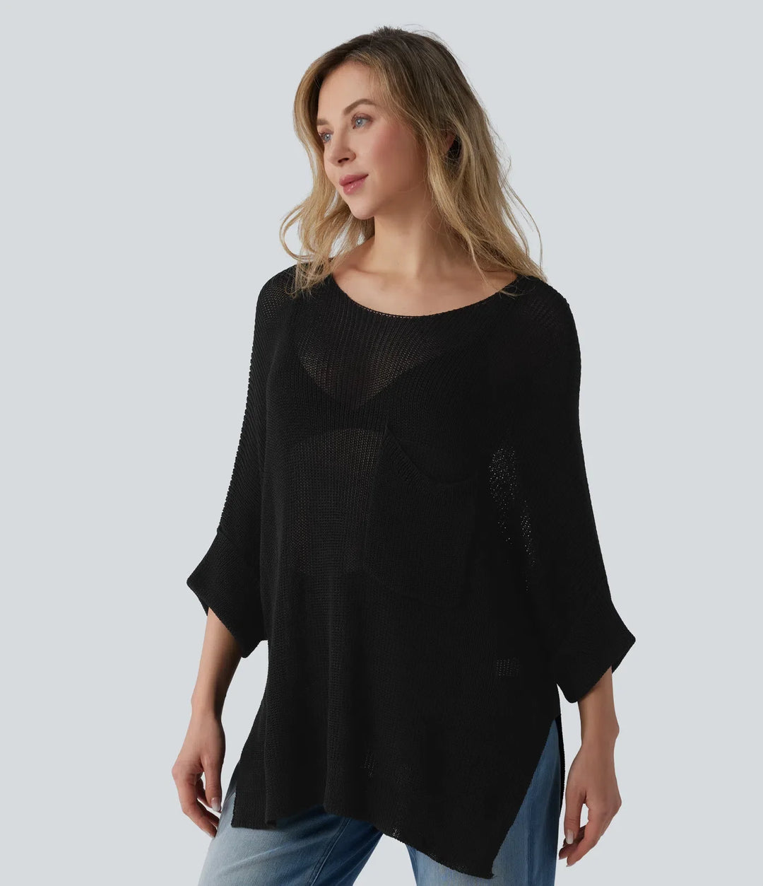 Enaxlad halvlång ärm slits fåll oversized vardaglig tröja med ficka