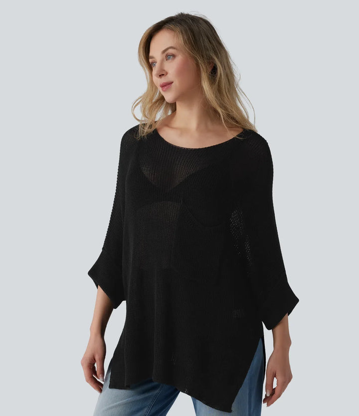 Enaxlad halvlång ärm slits fåll oversized vardaglig tröja med ficka