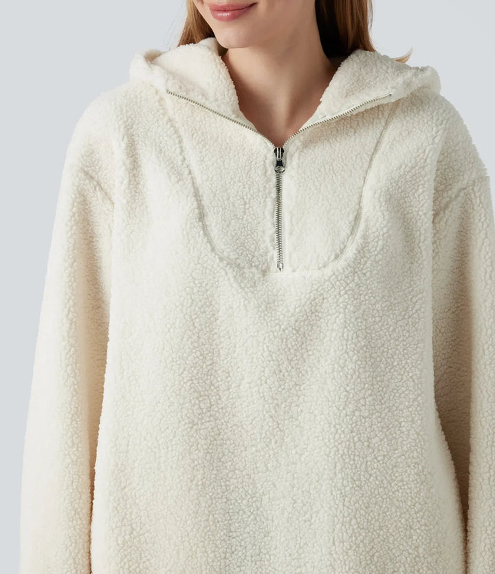 Med huva halv dragkedja rundad fåll oversized vardaglig sherpa sweatshirt med fickor