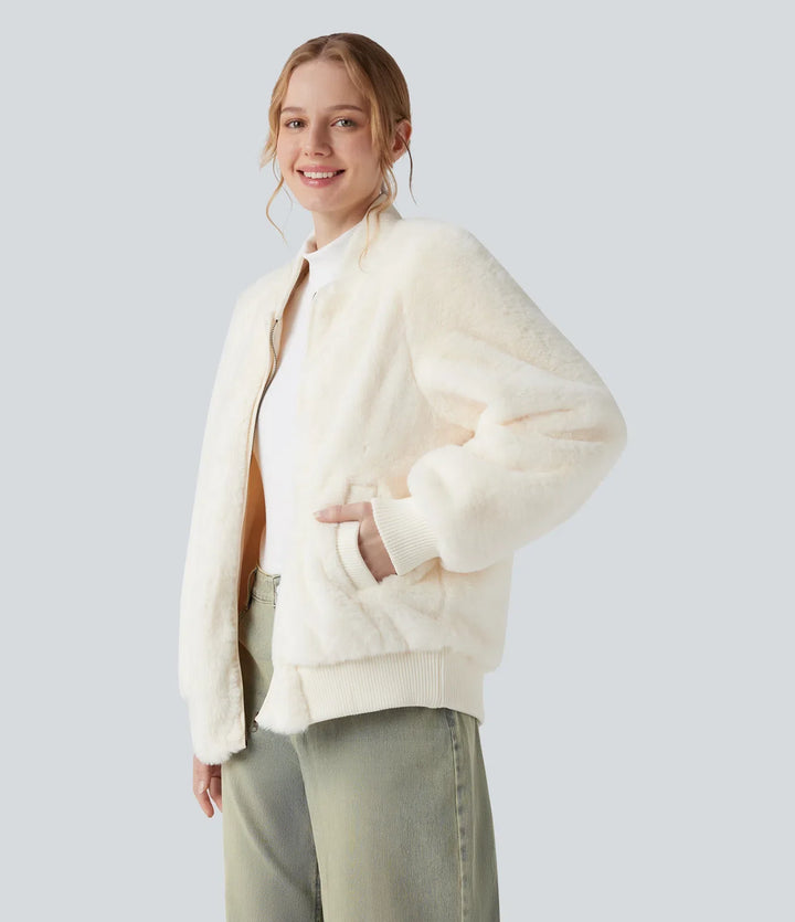 Dragkedja långärmad vardaglig sherpa bomber jacka med fickor