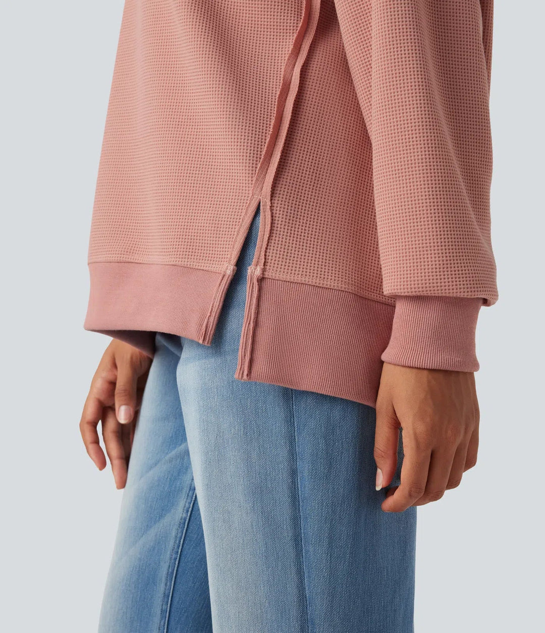 Rund hals långärmad slits fåll våffelstruktur vardaglig sweatshirt