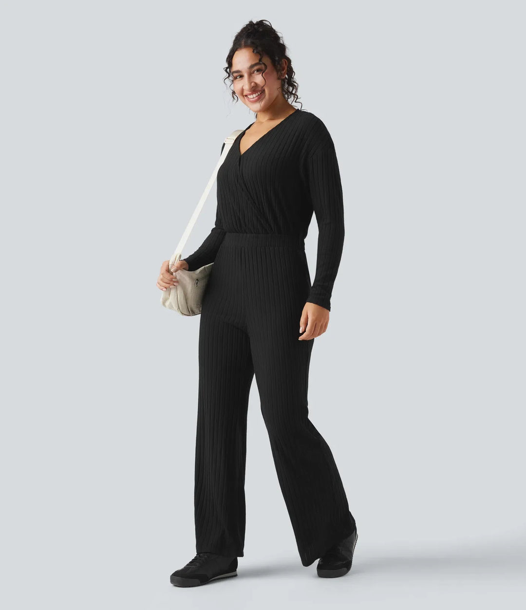 Ribbstickad V-ringad långärmad vardaglig jumpsuit-Easy Peezy
