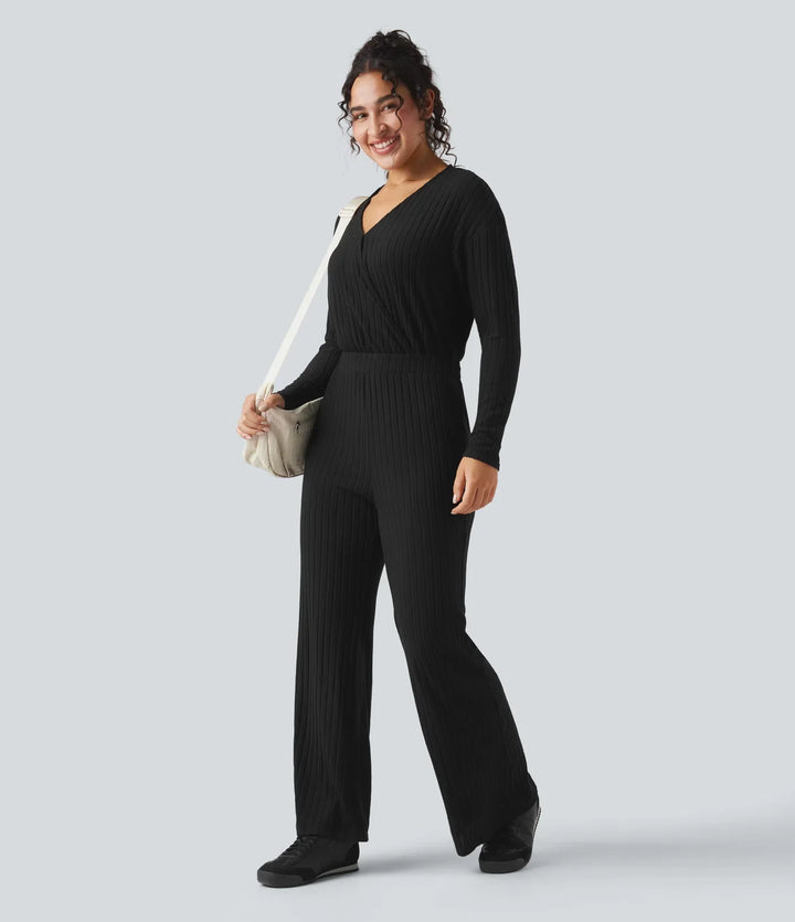 Ribbstickad V-ringad långärmad vardaglig jumpsuit-Easy Peezy
