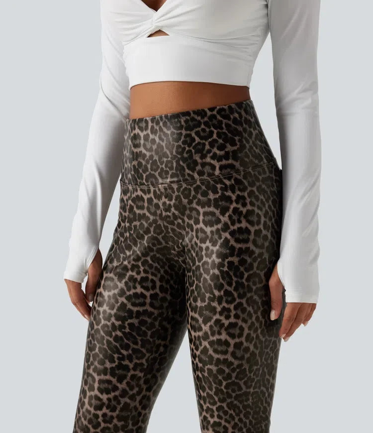 Med hög midja och magkontroll stretchig PU leopardmönstrad smal vardagsleggings med fickor