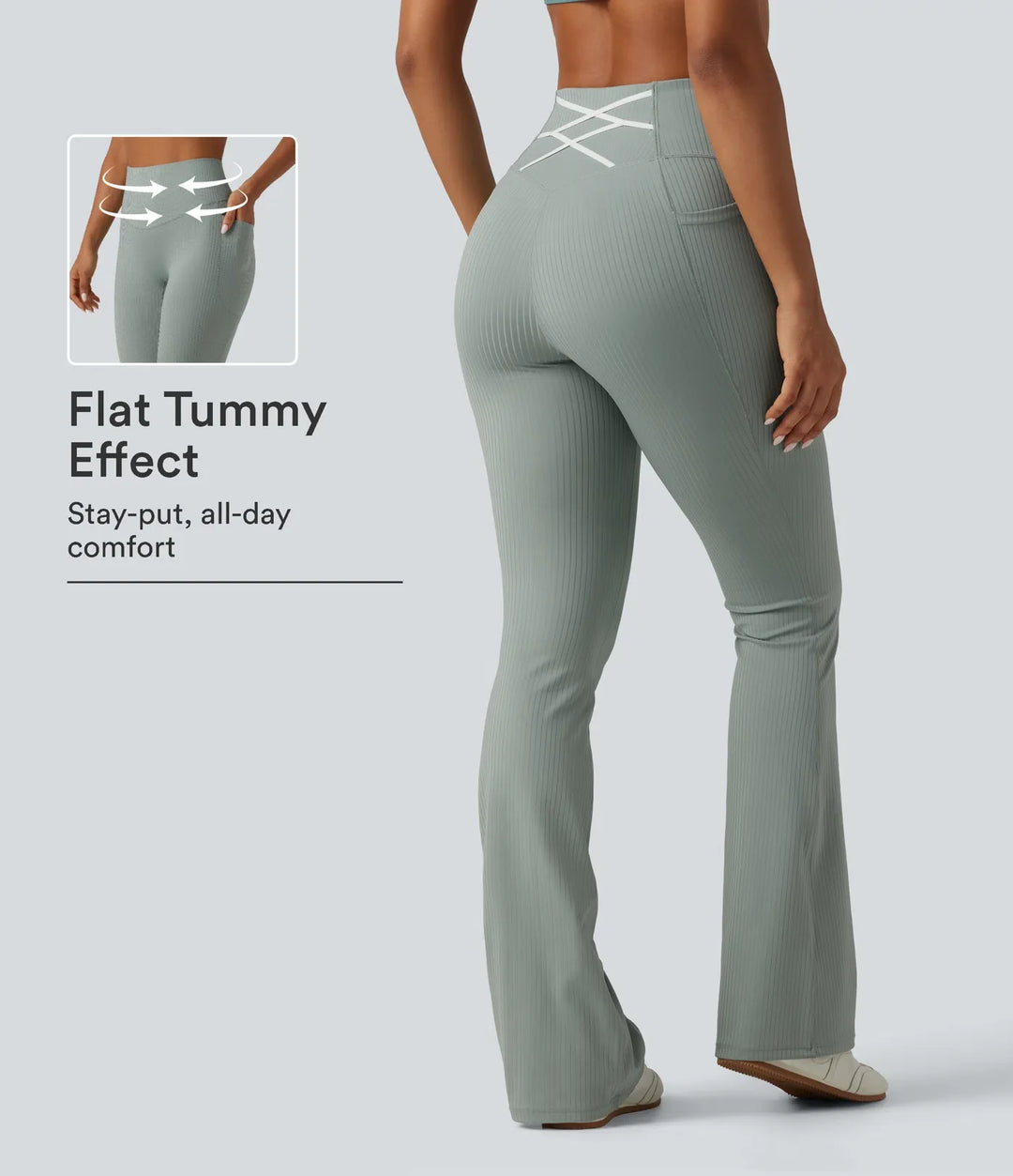 Ribbstickad med hög midja och magkontroll bootcut träningsleggings med fickor