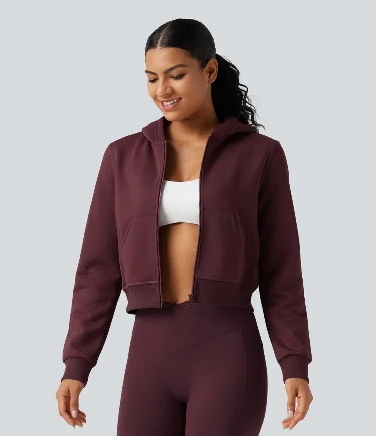 Med huva långärmad fleece träning sweatshirt med fickor