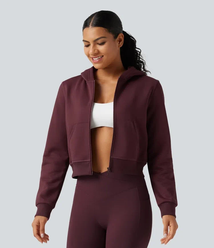 Med huva långärmad fleece träning sweatshirt med fickor