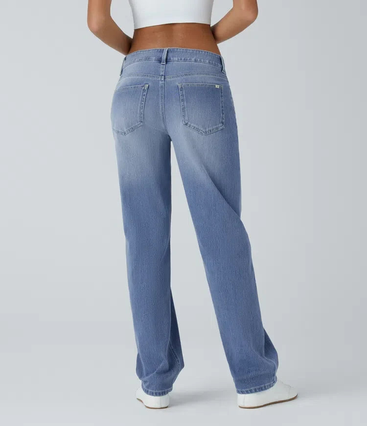 Halara Flex med låg midja dragkedja fickor raka ben tvättad vardagsjeans