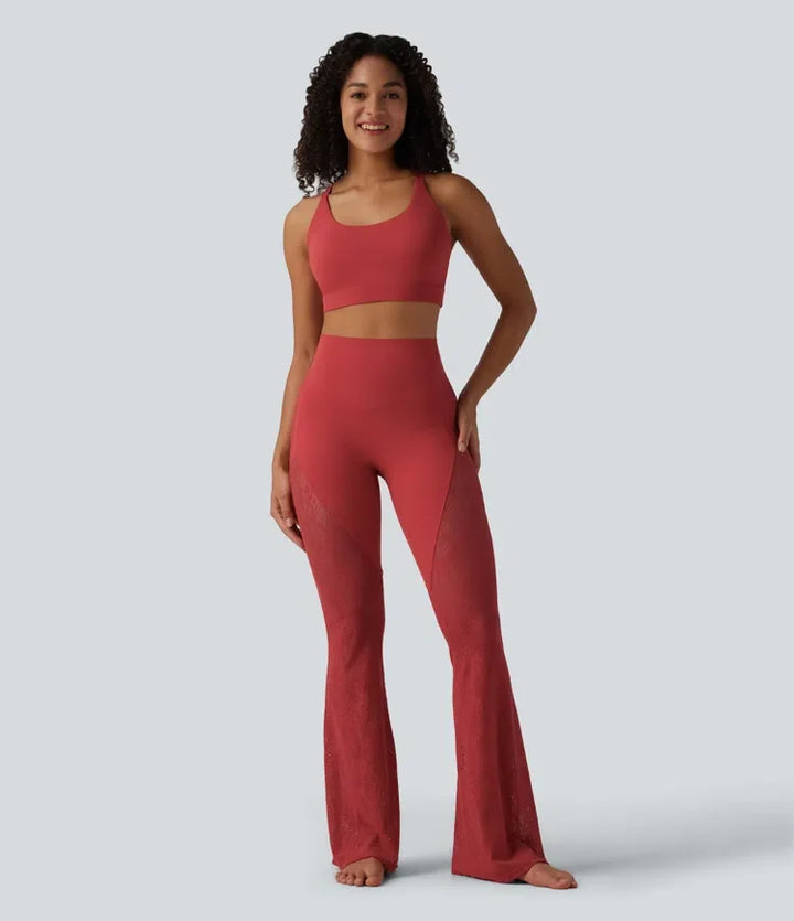 Lyckera UltraSculpt högmidjad magkontroll kontrastspets yoga utsvängd leggings med ficka