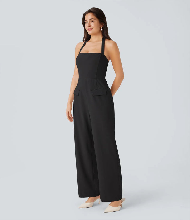 Halterneck justerbar G-krok lock fickor jumpsuit