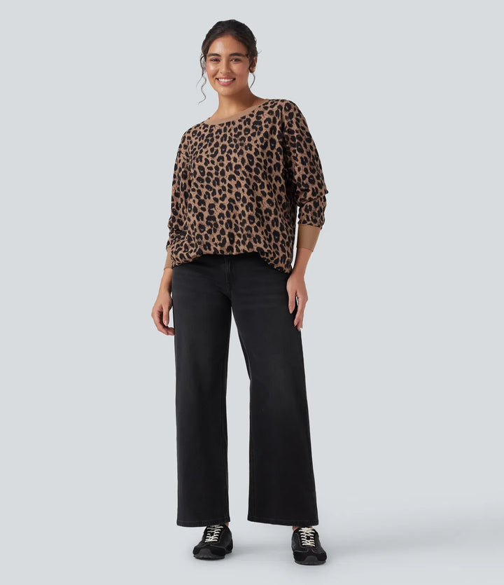 Rund hals långärmad leopard våffelstruktur oversized vardaglig sweatshirt med fickor