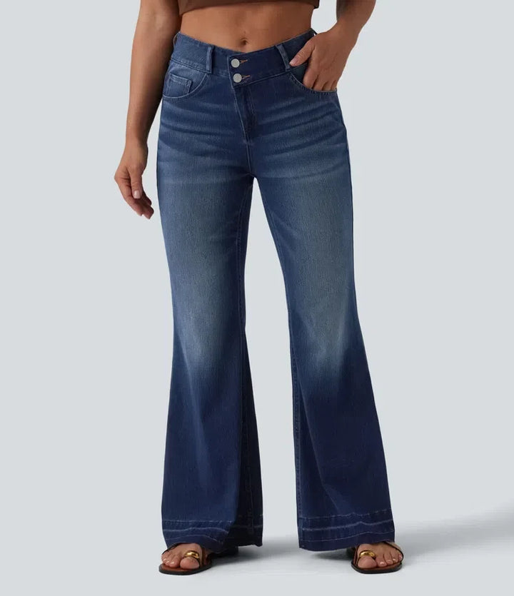 Lyckera Flex asymmetrisk medelhög midja vardaglig utsvängd jeans med fickor