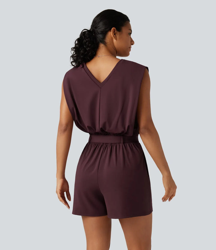 SoftlyZero luftig V-ringad ärmlös bältad InstantCool vardaglig playsuit med fickor-Easy Peezy Edition