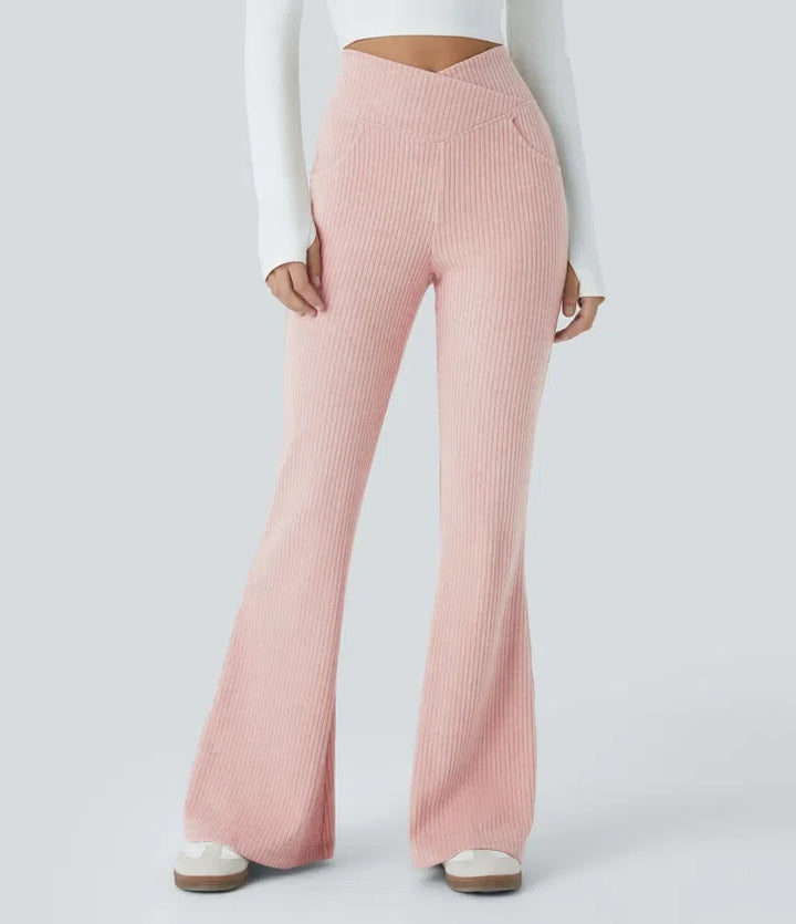 Ribbstickad omlott med hög midja och ficka för vardag utsvängd byxor