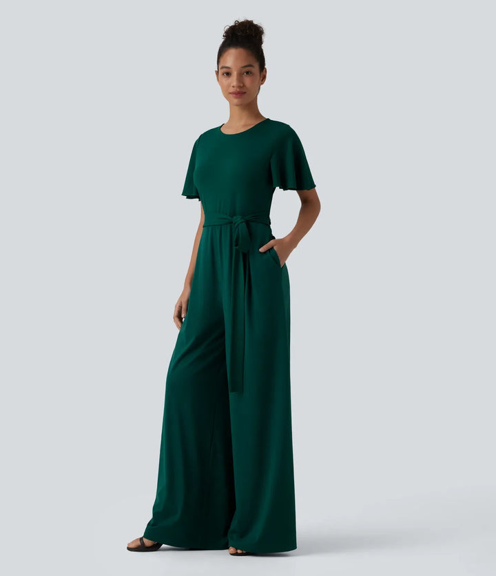 Rund hals kortärmad knytning fram vida ben jumpsuit med fickor-Easy Peezy Edition