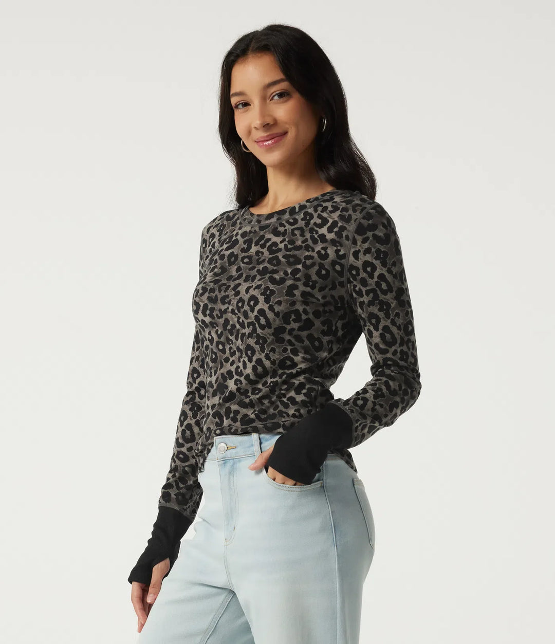 Rund hals leopardmönster långärmad vardaglig T-shirt med tumhål