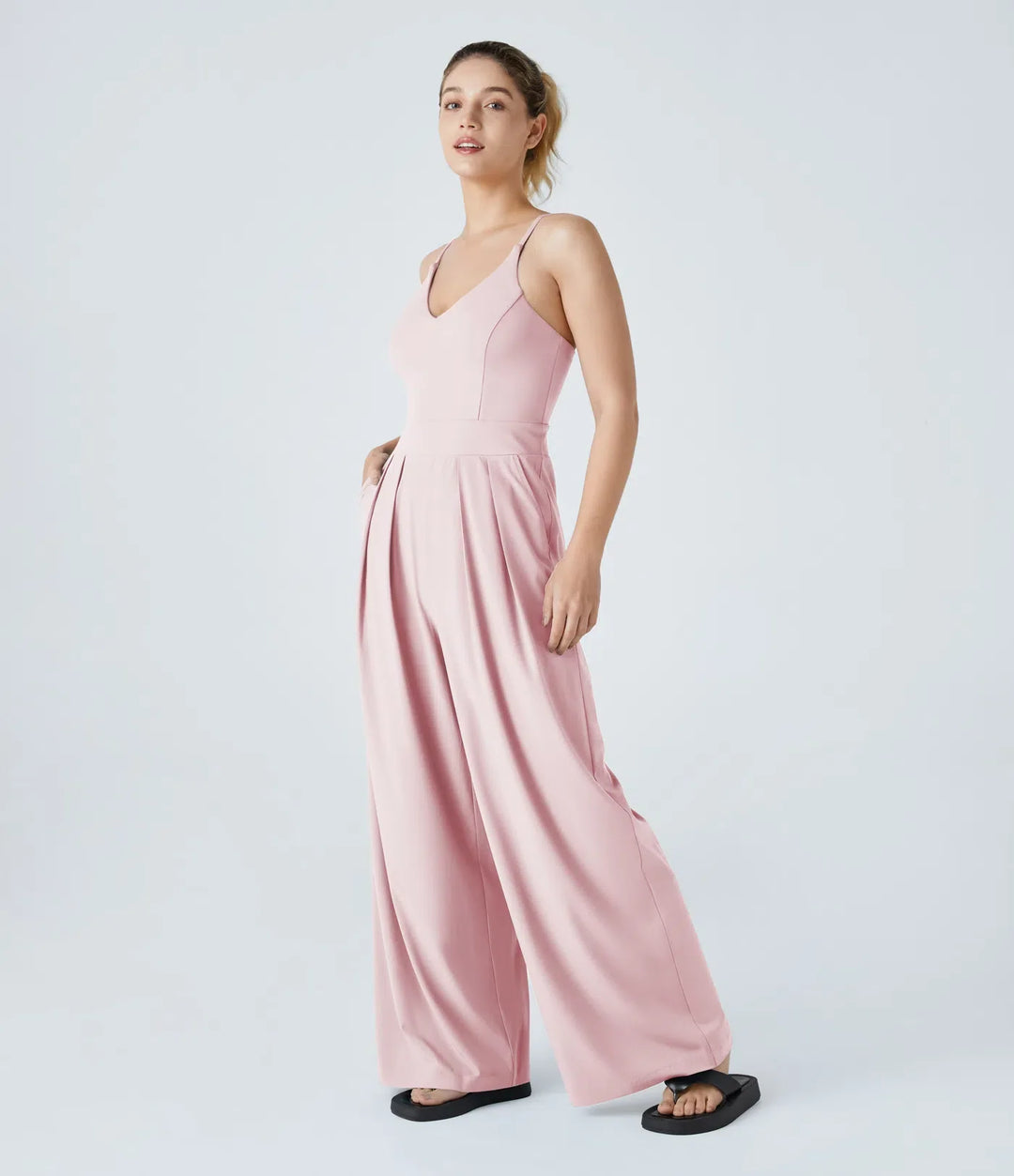 V-ringad rygglös dold dragkedja 2-i-1 vardaglig slip baggy jumpsuit med fickor