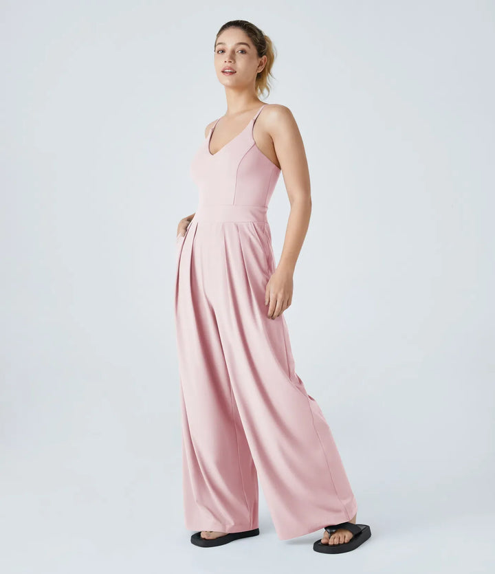 V-ringad rygglös dold dragkedja 2-i-1 vardaglig slip baggy jumpsuit med fickor