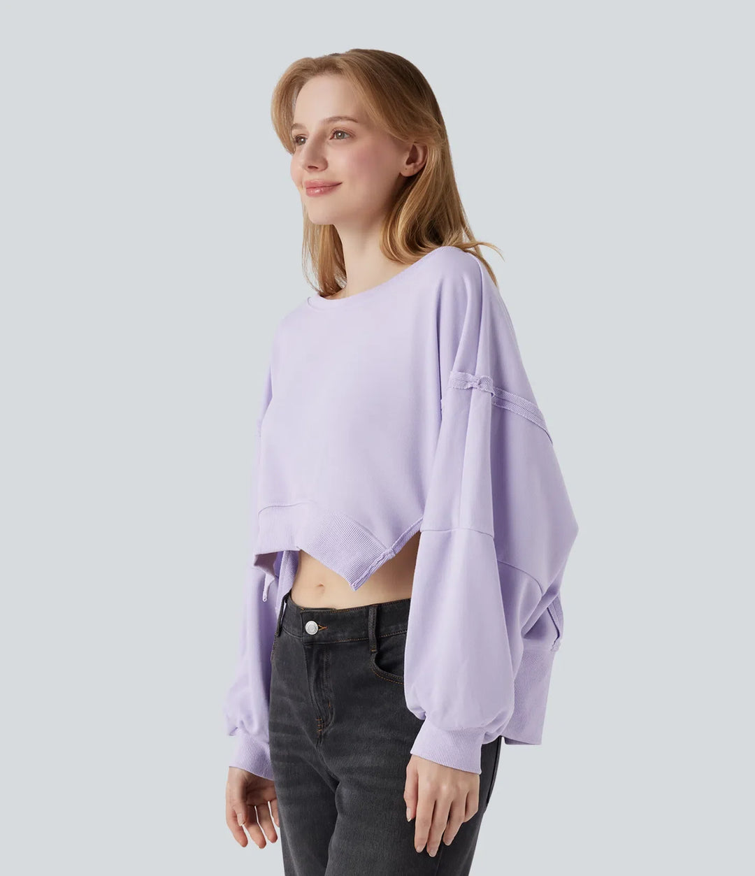 Båtringad långärmad hög-låg vardaglig sweatshirt