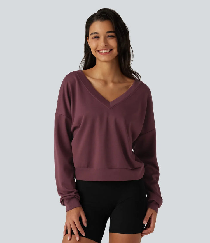 V-ringad långärmad boxig avkoppling sweatshirt