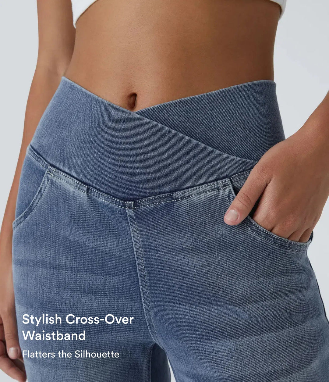 Lyckera Flex högmidjad crossover ficka tvättad vardaglig utsvängd jeans