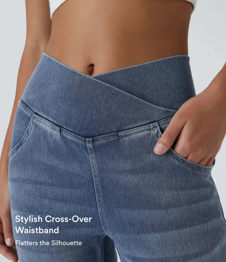 Halara Flex med hög midja, omlottmidja och ficka tvättad för vardag utsvängd jeans