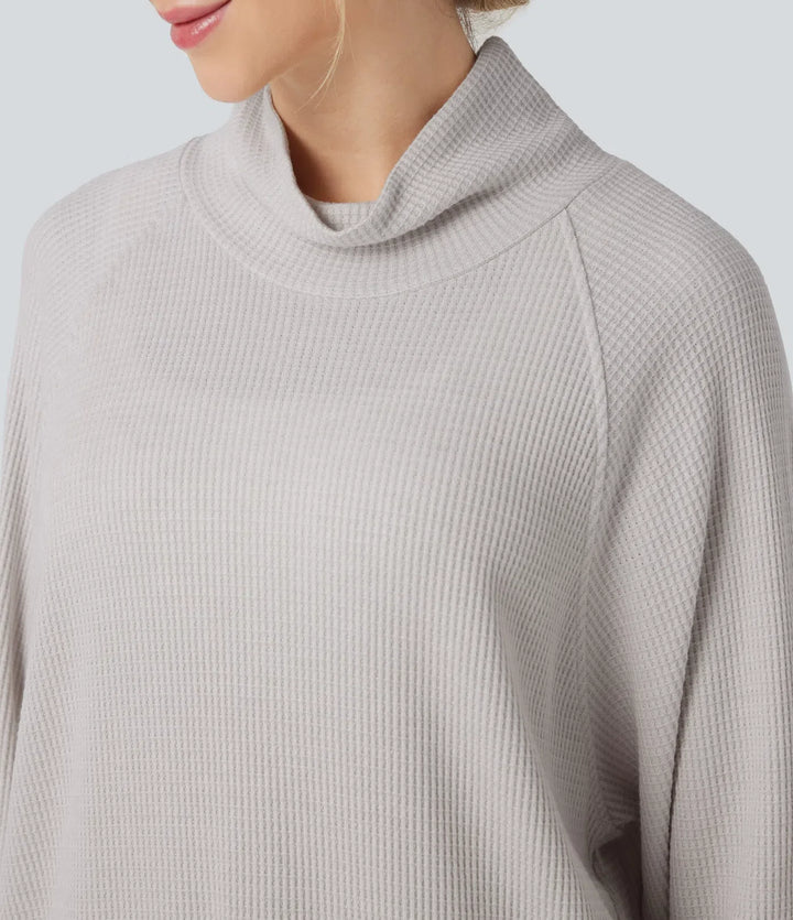 Hög hals långärmad tumhål oversized våffelstruktur vardaglig sweatshirt med fickor