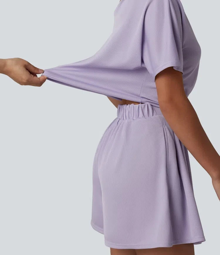 Enaxlad kortärmad plisserad våffelstruktur playsuit för vardag med fickor – Easy Peezy-utgåva