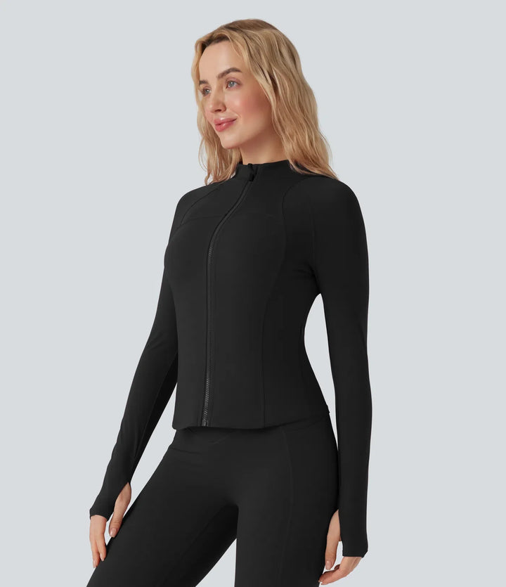 Lyckera UltraSculpt ståkrage långärmad tumhål yoga kurvig jacka med fickor