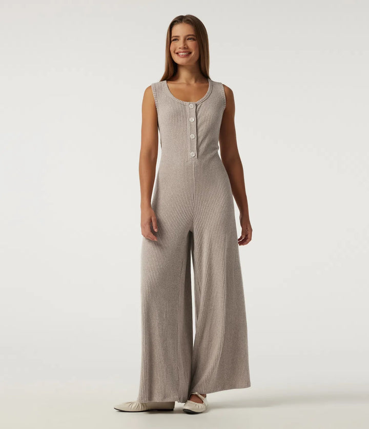 Ribbstickad U-ringad vida ben vardaglig jumpsuit med fickor