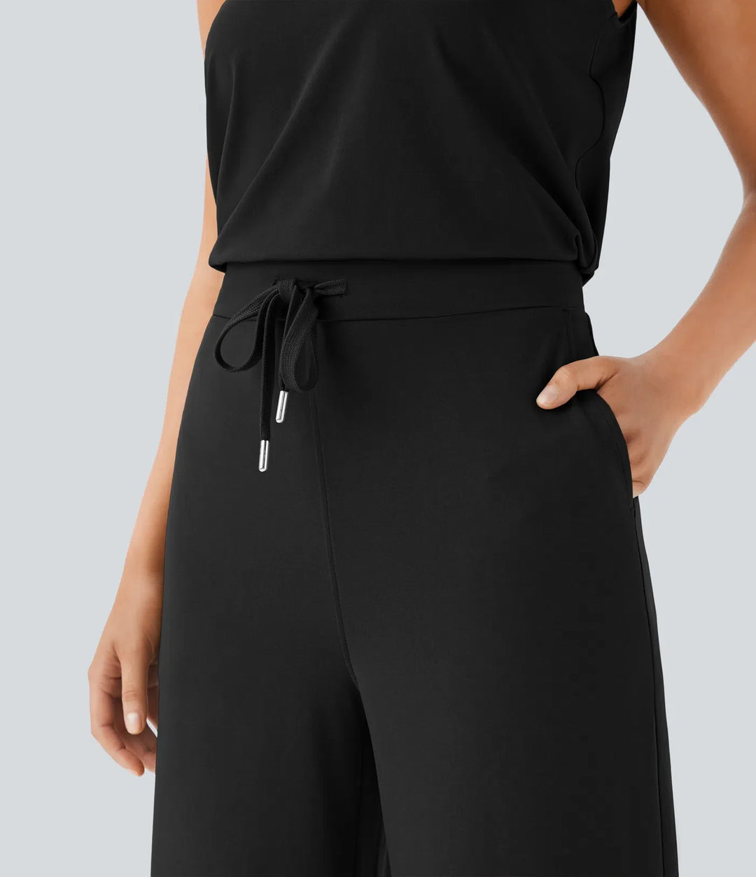 Rund hals ärmlös nyckelhålsrygg dragsko ficka vardaglig jumpsuit