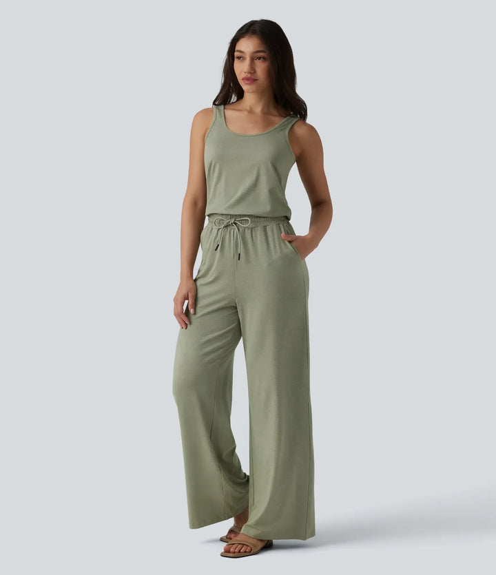U-ringad ärmlös dragsko melerad vardaglig baggy jumpsuit med fickor-Easy Peezy
