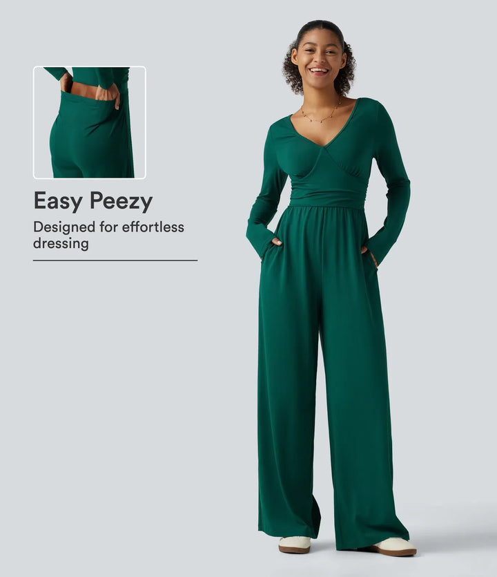 V-ringad långärmad rynkat vida ben vardaglig jumpsuit med fickor-Easy Peezy Edition