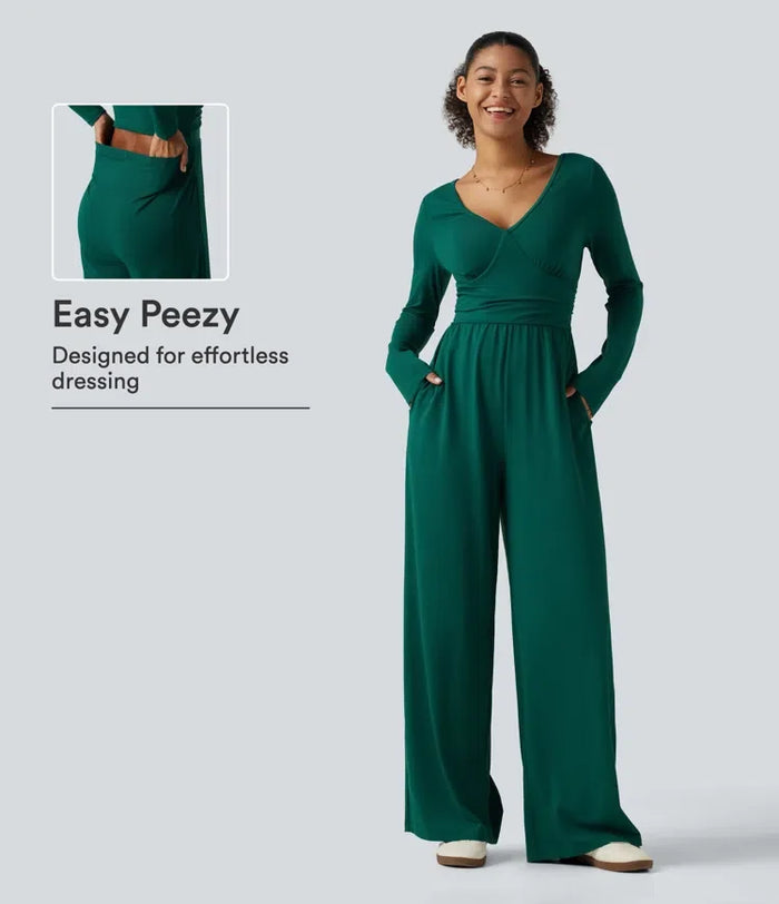 V-ringad långärmad rynkat vida ben vardaglig jumpsuit med fickor-Easy Peezy Edition