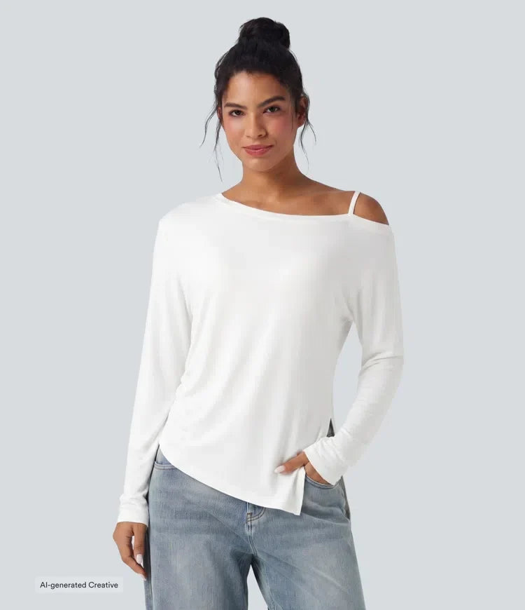 Ribbad enaxlad långärmad asymmetrisk fåll T-shirt för vardag