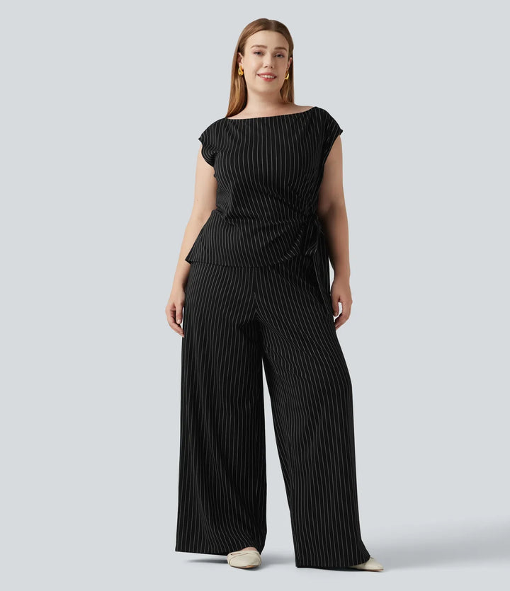Plusstorlek båtringning ärmlös knyt sida InstantCool rand för arbete jumpsuit med fickor – Easy Peezy-utgåva
