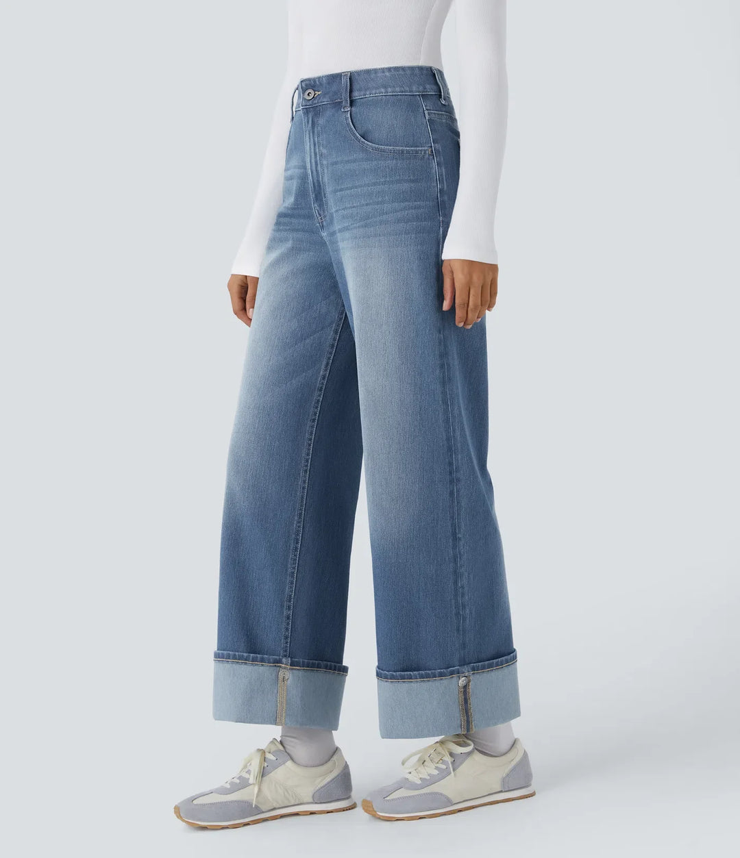 Lyckera Flex högmidjad fickor justerbar fåll vida ben tvättad vardagsjeans